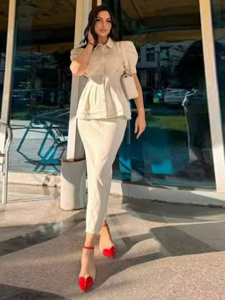 LIZAKOSHT  -  Y2k Women Denim Sets Office Work Lapel Ruff Sleeves Cinching Waist Slim Tops Baggy Long Jeans Dress 2 Piece Suits Chic Elegant