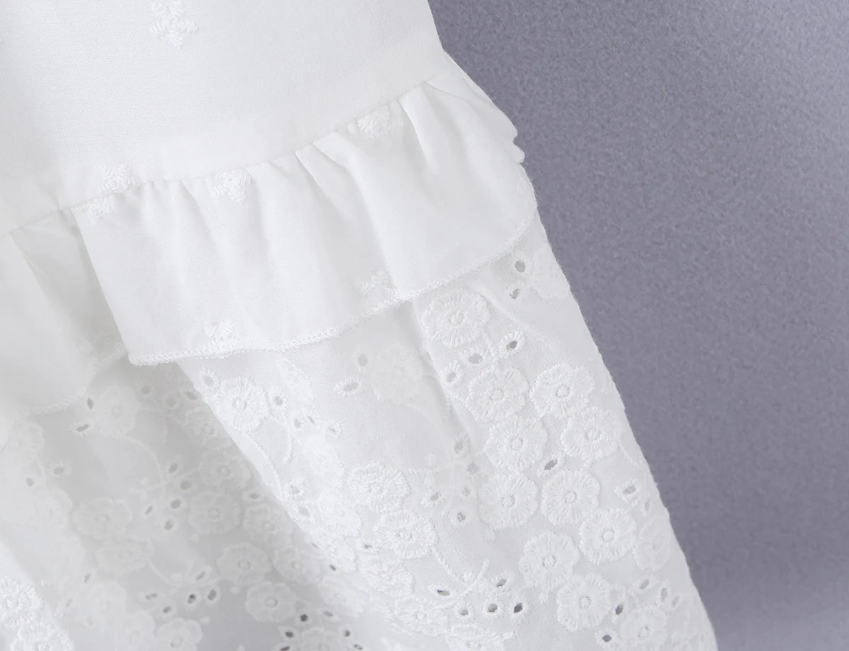 LIZAKOSHT  -  Bohemian White Embroidery Flower Tide Bow Spaghetti Strap Dress Woman Wood ears Ruffles Hem Swing Loose Swing Mini Dresses Robe