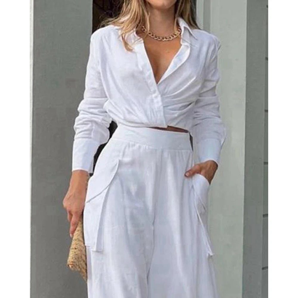 2024 Women Solid Long Sleeve Ruched Crop Shirt & High Waist Pants Work Suit Sets Female V-Neck Top 2 Pieces Suit Sets Casual