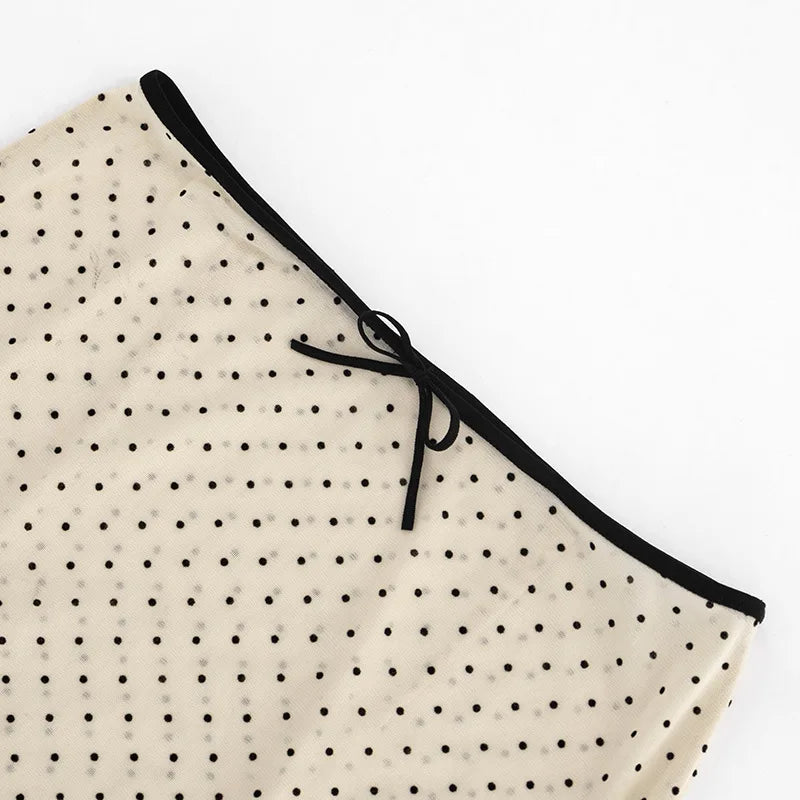 LIZAKOSHT  -  Sexy Polka Dot Print Mesh Skirts Summer Women See-through Midi Skirt Evening Party Club Outfit Ladies Apricot Dress