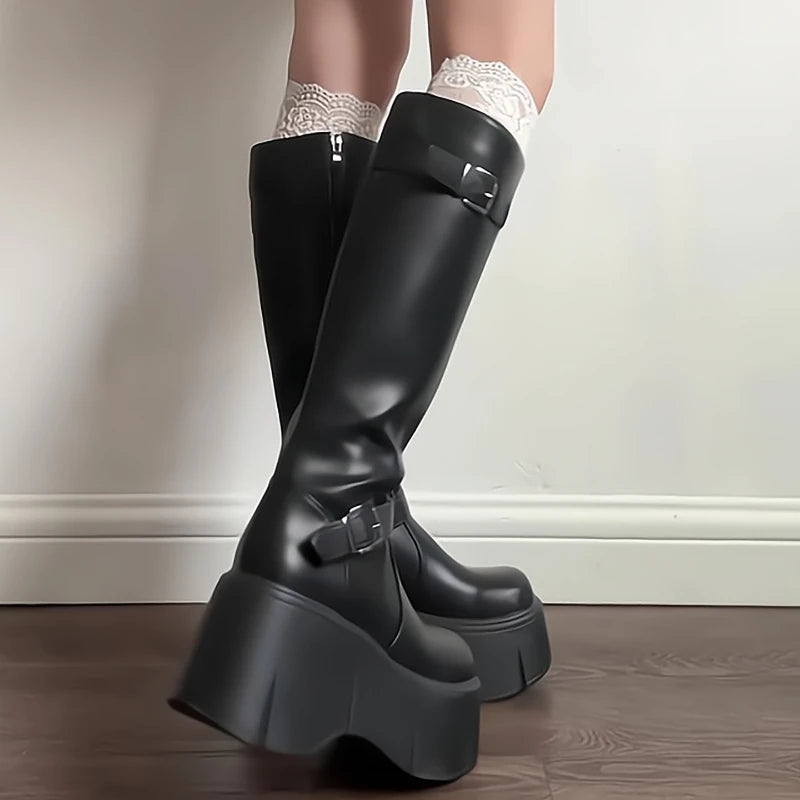 LIZAKOSHT  -  Platform Wedges Heel Women High Boots Fashion Belt Buckle Slim Long Booties Autumn Winter Women's Knight Botas Altas