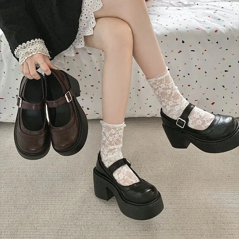 LIZAKOSHT  -  Bla Mary Jane Single oes for Women Thi Heel round Head Retro Japanese Sle Versatile Leather oes Roman Sle mid Heel