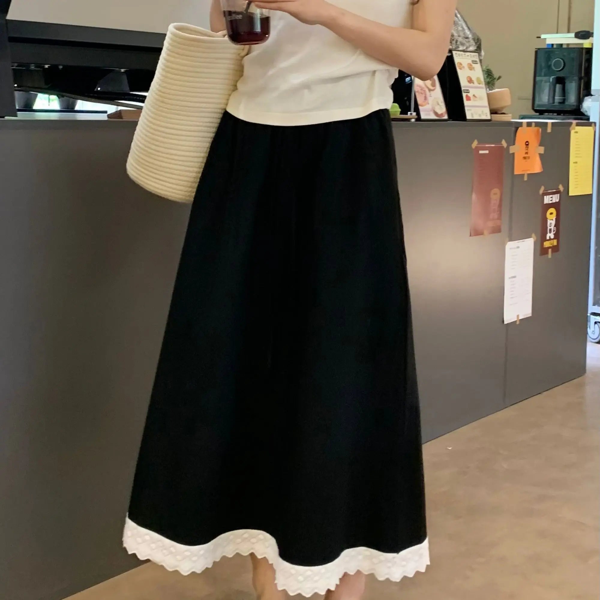 LIZAKOSHT  -  Fresh and Fashionable Lace Lace Splicing Half Skirt Summer New Versatile Loose High Waist Long Skirt