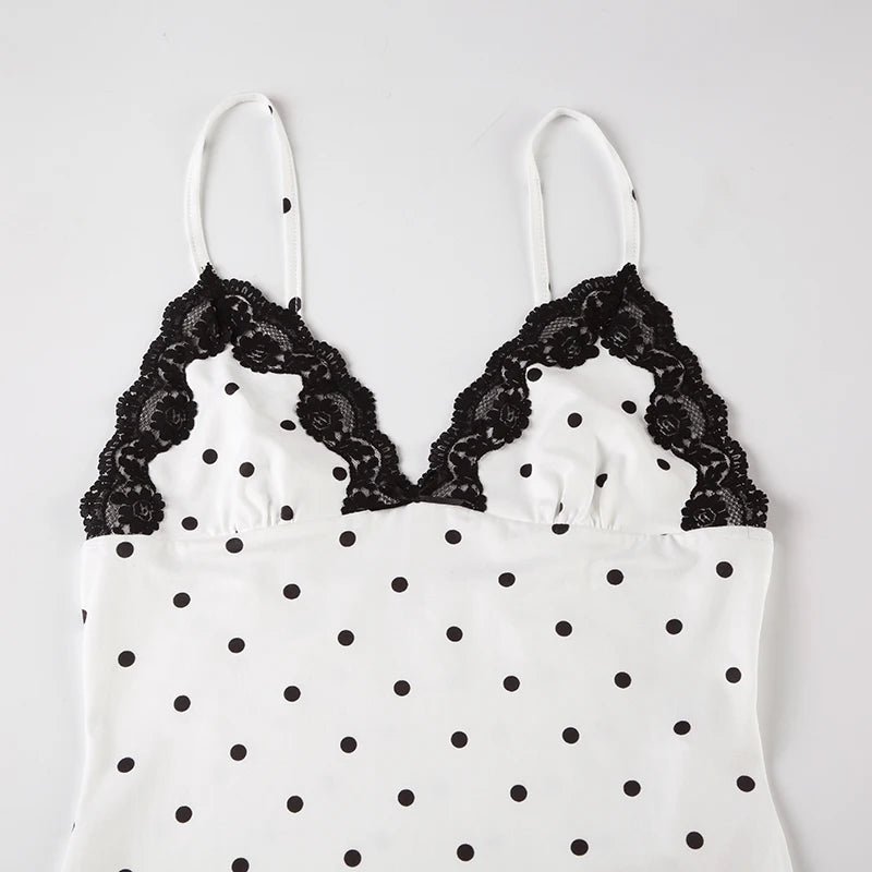 LIZAKOSHT  -  Lace Polka Dot Spaghetti Strap Dresses Sexy Hot Sweet Sleeveless Cloth Y2K Aesthetic Korean Fashion Women Outfits