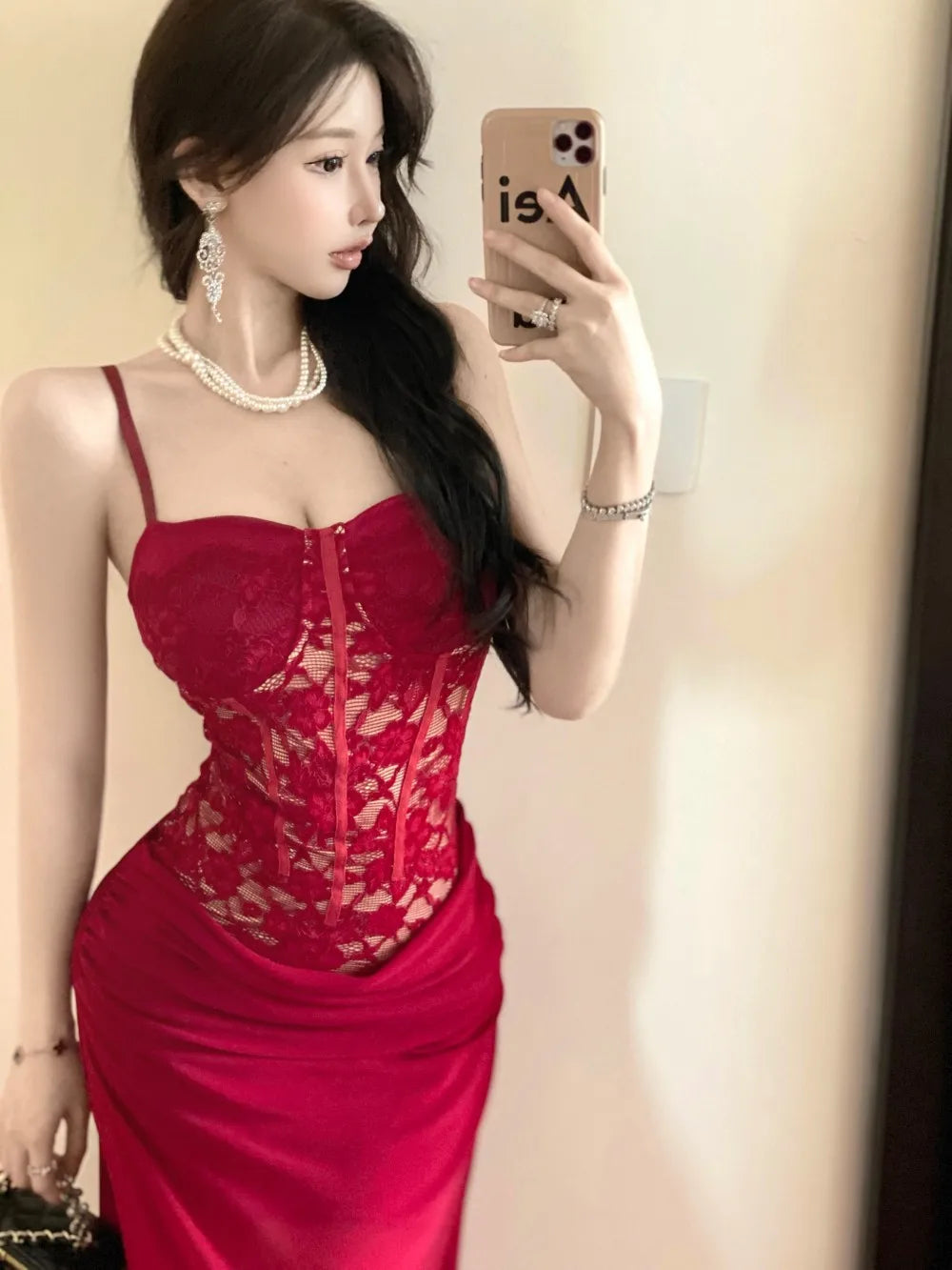 LIZAKOSHT  -  Women's Pure Desire Wind Red Lace Waist Dress Dress