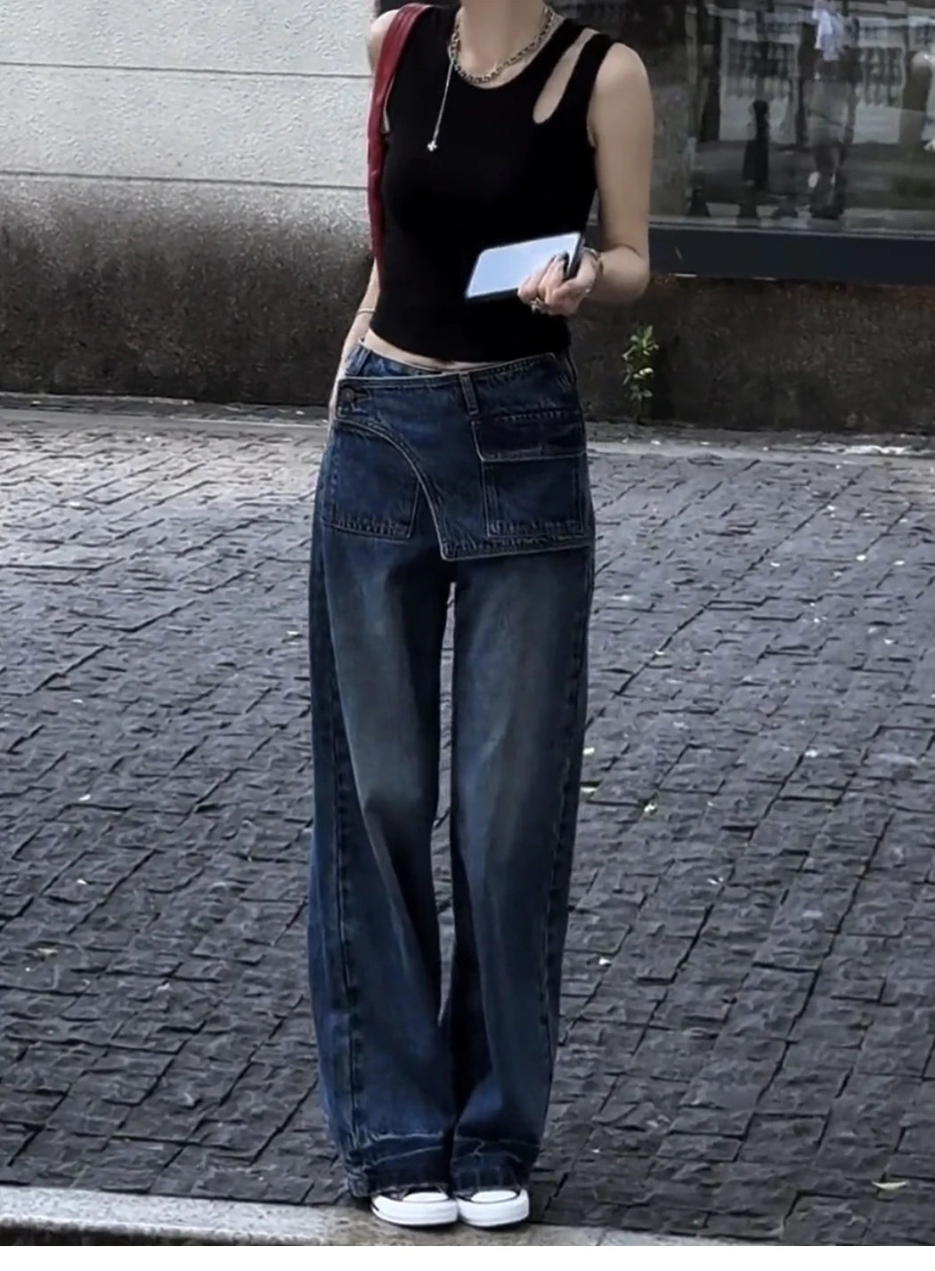 LIZAKOSHT  -  Women Casual Eclectic Waif 2000s Jeans American Vintage Patchwork Jeans Y2K Harajuku Street Style Washed Pockets Denim Trouser