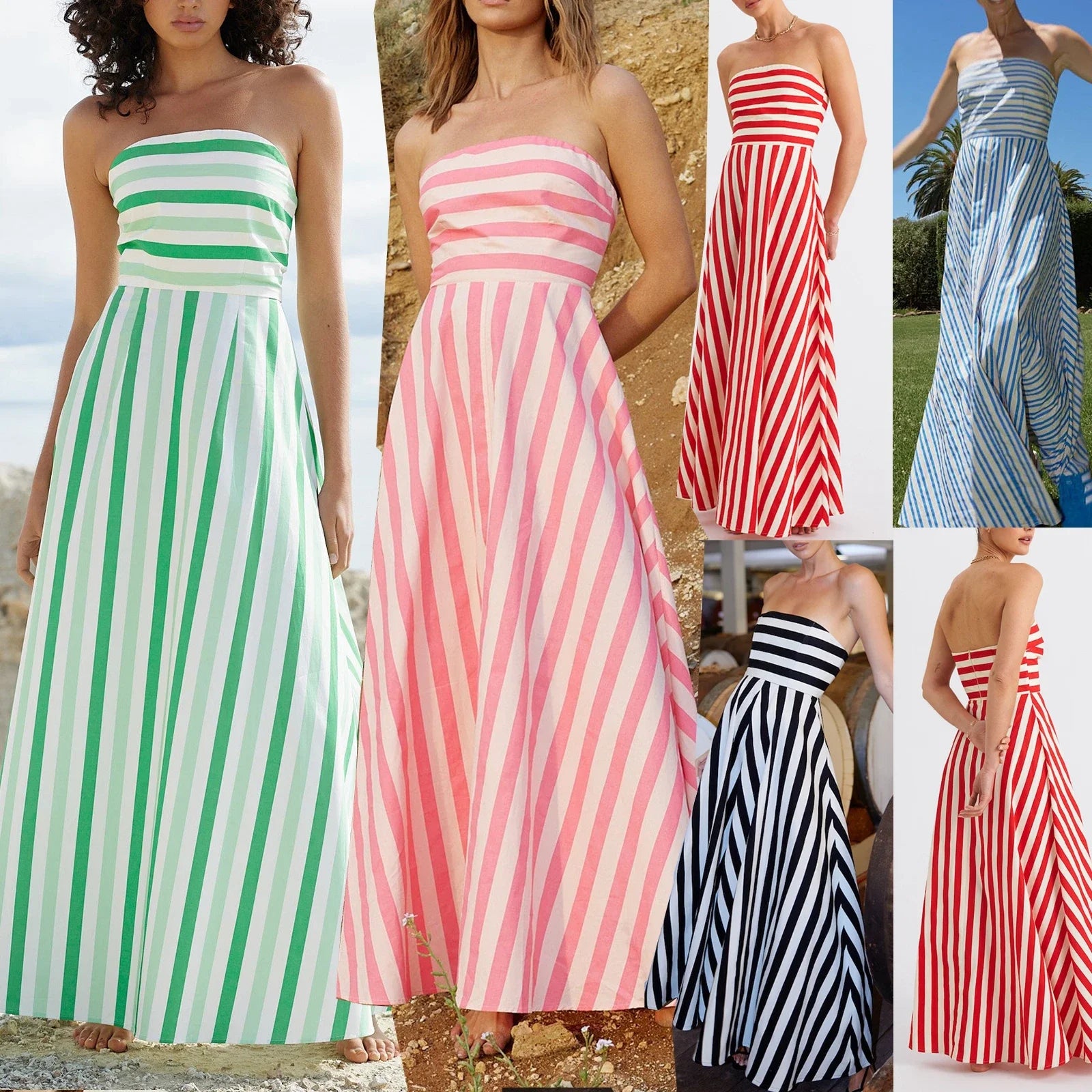 LIZAKOSHT  -  Women Y2k Graphic Maxi Tube Dress Off the Shoulder Striped Flowy Dress Bohemian Backless Beach Sundress