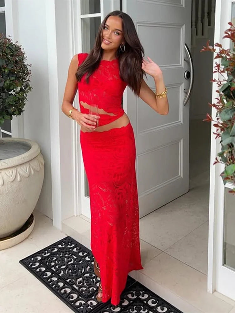 LIZAKOSHT  -  Sexy Hallow Out Vest Skirt Set Women Red Sleeveless O-neck Top Long Slim Hip Package Skirts 2025 Summer See Through Suit Lady