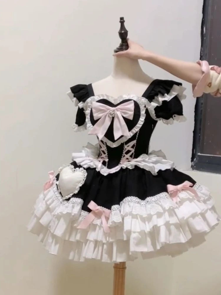 LIZAKOSHT  -  Kawaii Lovely Bow Lolita Dress Women's Design Sweet Slim Patchwork Japanese Dresses Summer Pretty Lace Up Thin Princess Dress