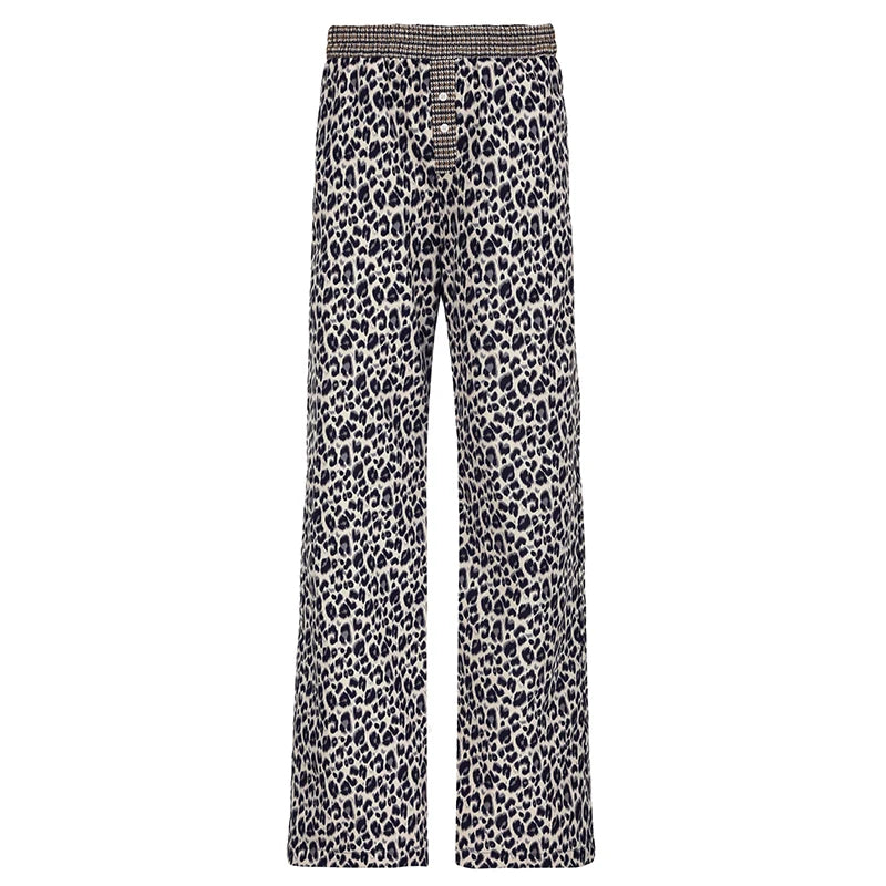 LIZAKOSHT  -  Leopard Print Patchwork Straight Pants Elastic Waist Fashion Harajuku Trousers Aesthetic 2000s Casual Baggy Bottom