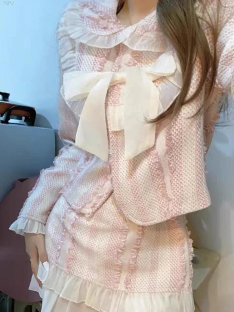 LIZAKOSHT  -  Pink Kawaii Elegant Skirt Suit Women Plaid Korean Sweet Two Piece Set Winter Long Sleeve O-neck Coat + Party Mini Skirt New