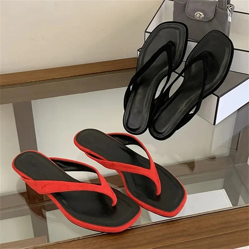 LIZAKOSHT  -  Women Flip Flops Flat Sandals Summer New Square Toe Suede Slippers Casual Beach Slides Fashion Ladies Non-slip Shoe