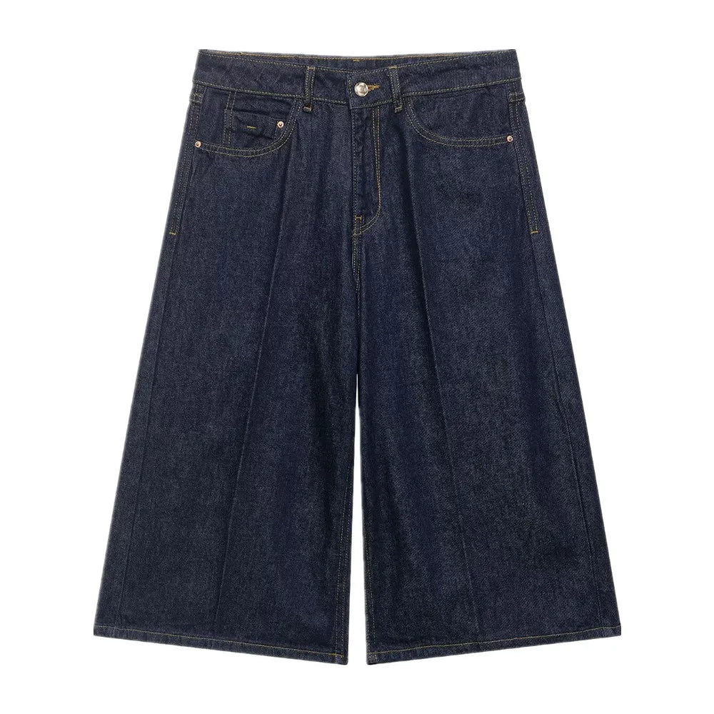 LIZAKOSHT  -  Fashion Baggy Deep Blue High Waist Ripped Hole Straight Knee Length Wide Leg Jeans Women Loose Denim Pants Short Trousers
