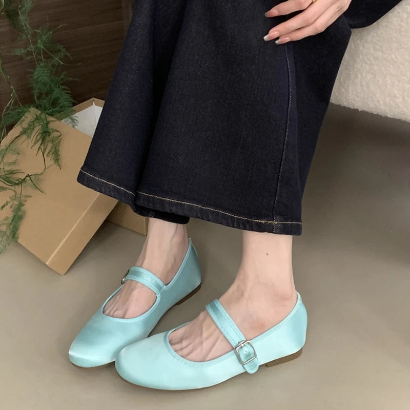 LIZAKOSHT  -  Comfort Satin Soft Sole Ladies Mary Jane Shoes Fashion Round Toe Shallow Women Flats Elegant Buckle Prom Designer Ballet Shoes
