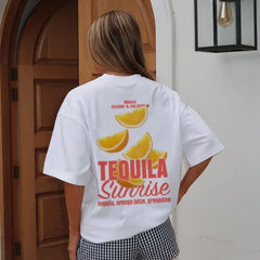 LIZAKOSHT  -  Tequila Sunrise Graphic Tee Y2k Summer Fashion Cotton Top Cocktail Drink Shirt Oversized Aesthetic Streetwear Women T-Shirt