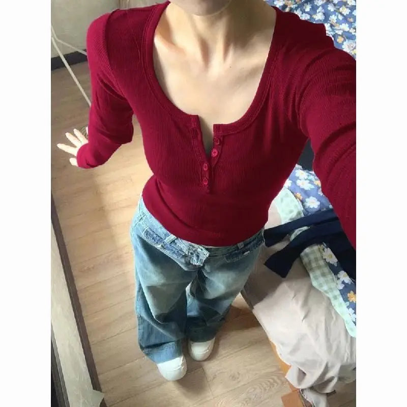 LIZAKOSHT  -  Autumn Sexy Versatile Red Long-sleeved T-shirt for Women Autumn and Winter Unique Hot Slim Fit Button Top for Small Women