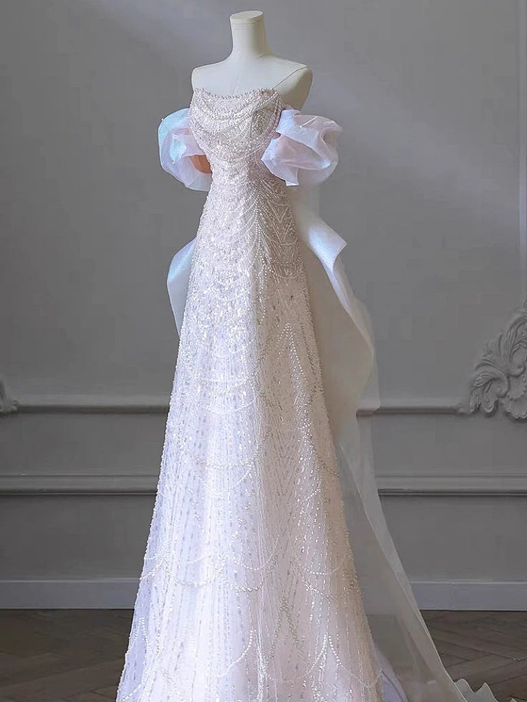 LIZAKOSHT  -  White Luxury Senior Evening Dresses Bow Strapless Beading Off The Shoulder Shiny Sequin Cockital Host Party Evening Prom Gown