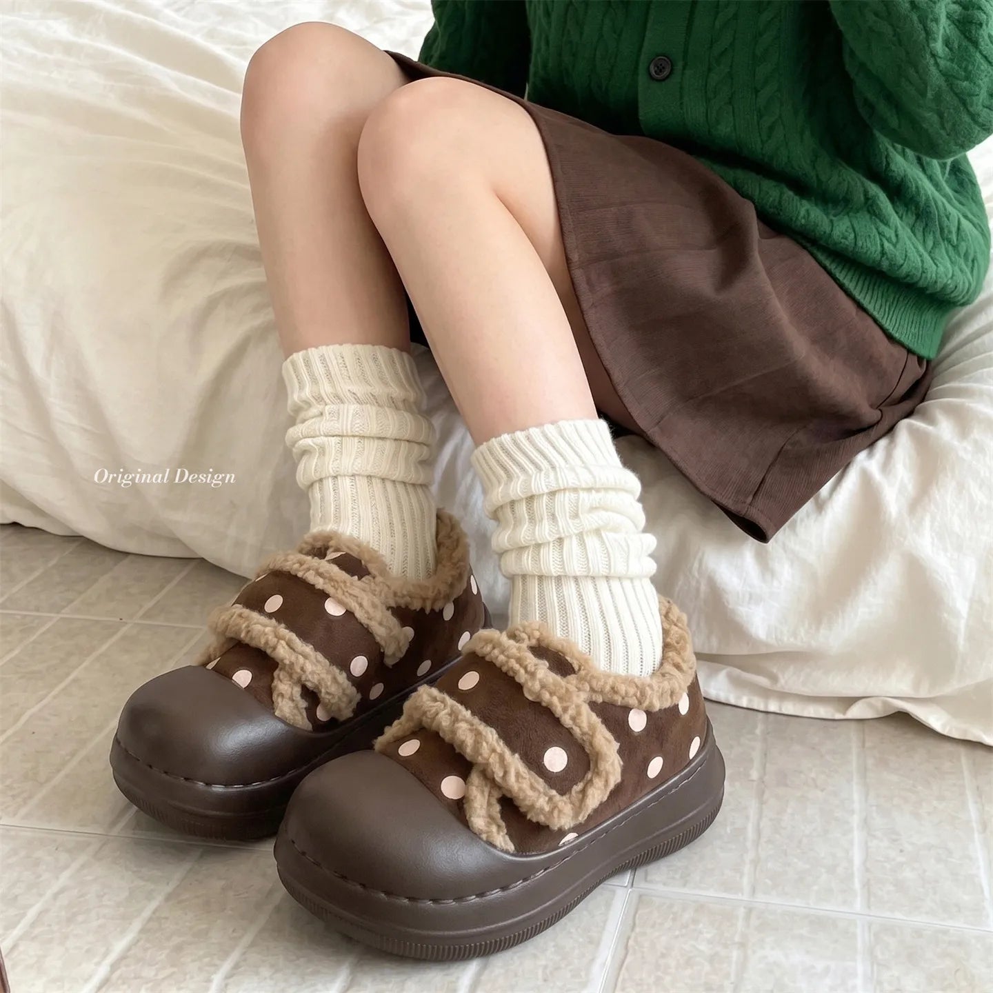 LIZAKOSHT  -  Women's Polka-Dot Velcro Cotton Shoes Lovely Outdoor Non-Slip Thick Fleece Versatile Casual Minimalist Warm Soft
