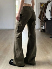 LIZAKOSHT  -  Vintage Low Rise Cargo Flare Pants Multi Pocket Streetwear Trousers