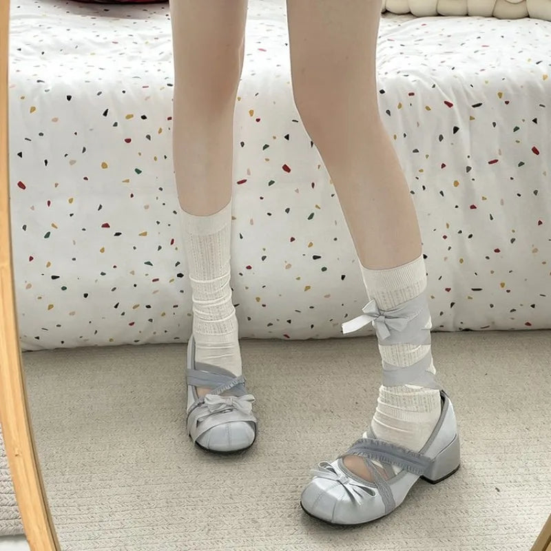 LIZAKOSHT  -  Lace Cross Strap Women Mary Jane Shoes Fashion Sweet Butterfly-knot Thick Heel Shoes Spring Autumn Ladies Elegant Dress Pumps