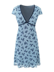 LIZAKOSHT Bowknot Sexy Bodycon Mesh Dress Women Spring Summer 2024 Short Mini Shealth Blue V Neck Party Vestidos Elastic Dress