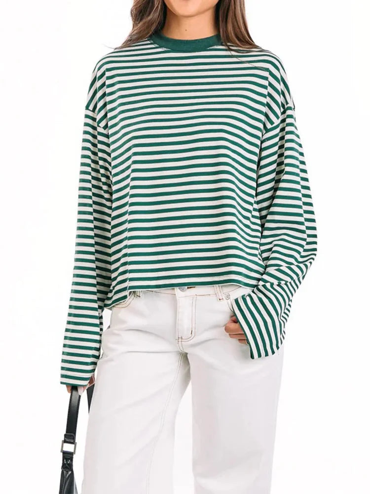 LIZAKOSHT  -  Elegant Striped Tops For Women O-neck Full Sleeve Loose Shirts 2025 Summer Fashion Female Daily Casual Oversize Outerwear