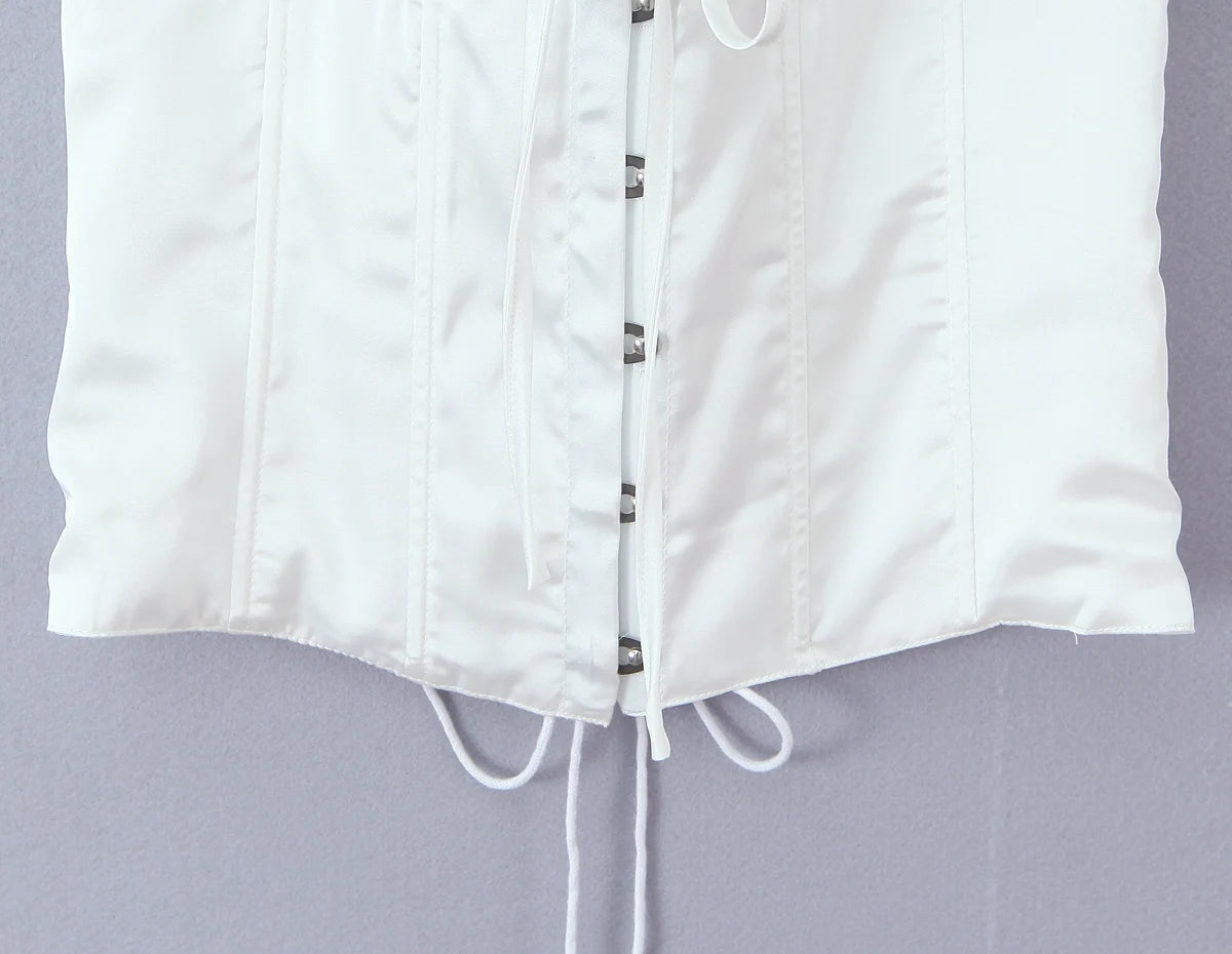 LIZAKOSHT  -  Sexy White Satin Bow Halter V neck Open Hook Buttons Slim Tank Top Women Cross Lacing Up Bandage Back Backless Tee Summer Vest
