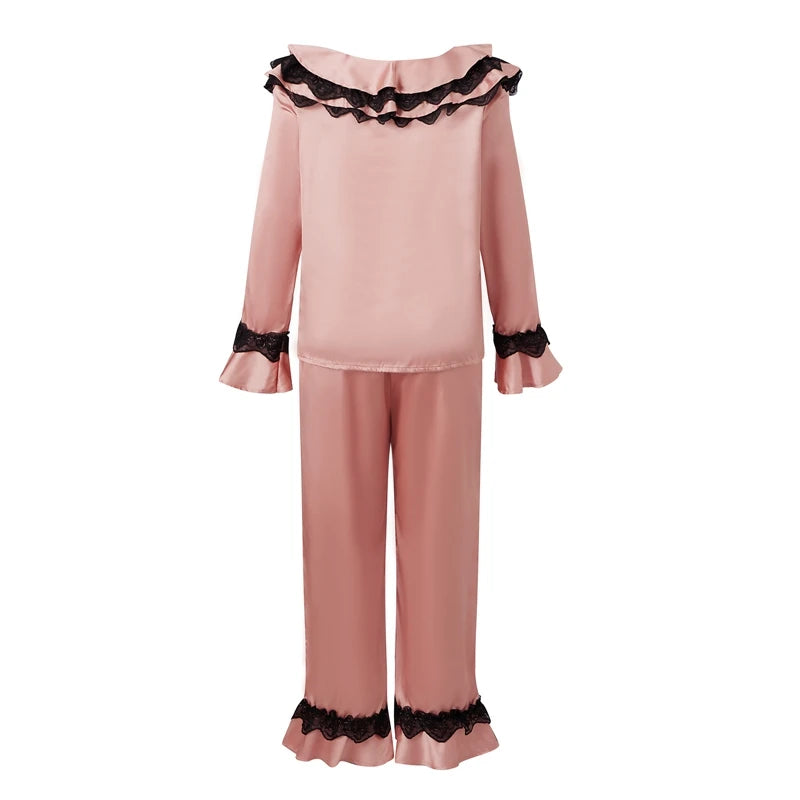 LIZAKOSHT  -  Women Satin Silk Pajamas Lace Trim Long Sleeve Turn Down Ruffles Button Up Blouse Tops + Pants Lounge 2 Pcs Set