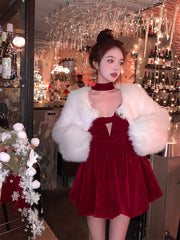 LIZAKOSHT -  Sexy Velvet Short Dress Women Bow Red Vintage Sweet Party Dress Female Sleeveless Korean Fairy Mini Evening Dress Winter