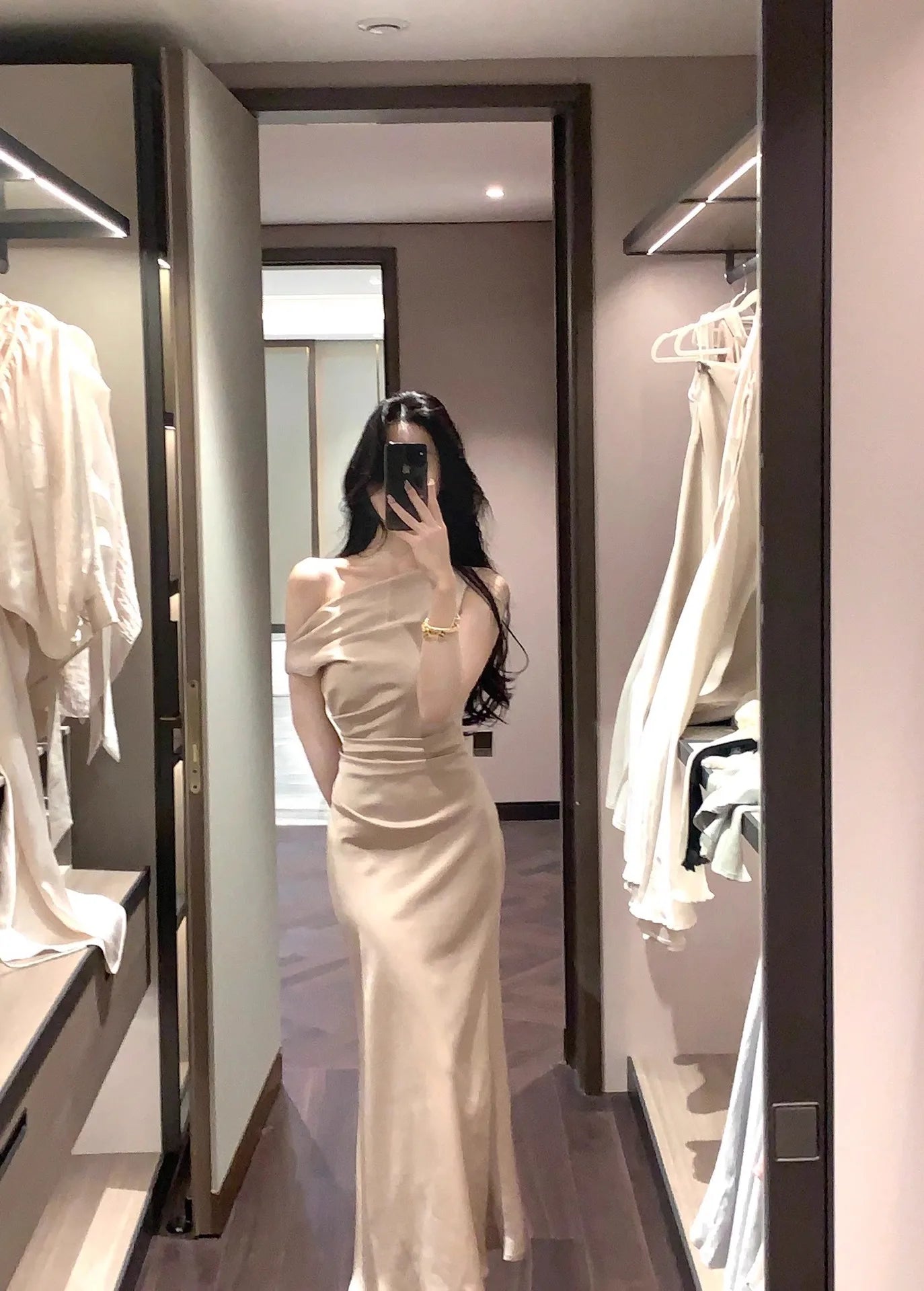 LIZAKOSHT  -  French Temperament Satin Dress New Summer Oblique Shoulder Sling Collar Fishtail Skirt for Women