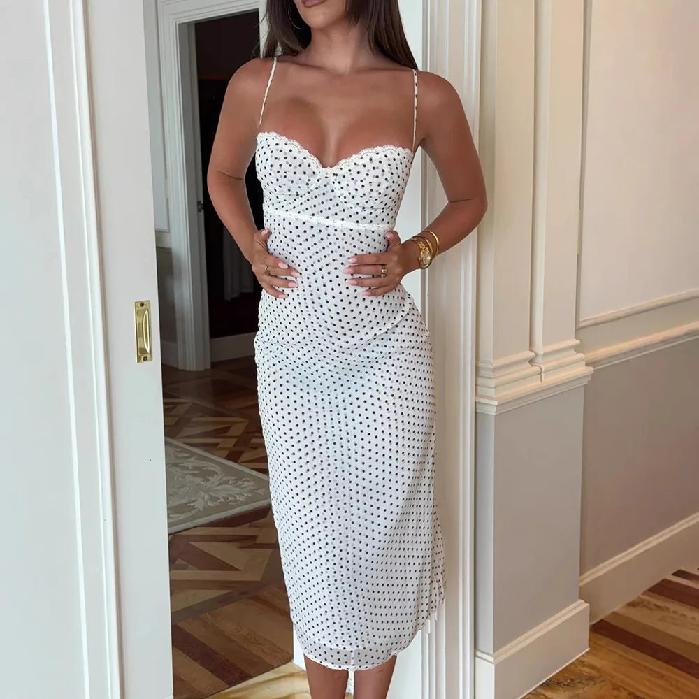 LIZAKOSHT  -  Elegant Lace Patchwork Chiffon Polka Dot Dress White Black Summer Women Spaghetti Strap Zipper Evening Party Dresses