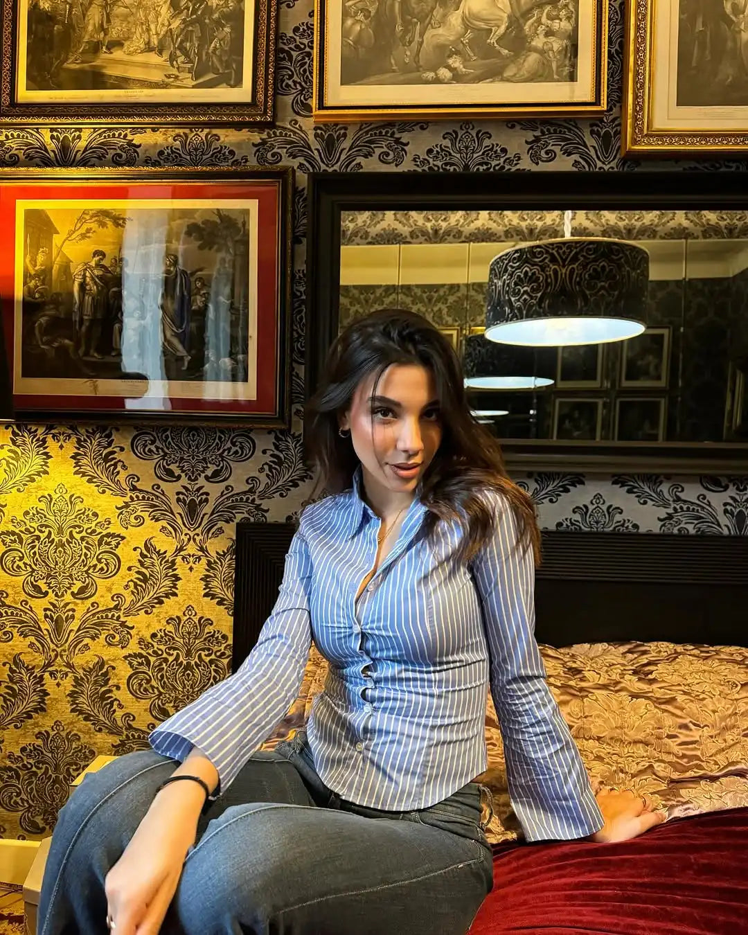 LIZAKOSHT  -  Casual Striped Short Slim Shirt Women Chic Lapel Long-sleeved Single Breasted Waist-cinching Top Lady Commute Street Wear