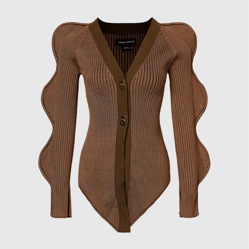 LIZAKOSHT  -  V-Neck Shoulder Pad Knit Jacket Woman Wavy Edge Sleeves Single Breasted Solid Color Slim Tops Versatile Causal Women's New Tops