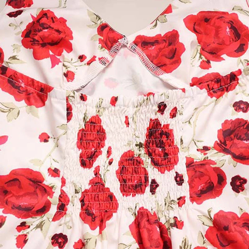 LIZAKOSHT  -  Sexy Sweet Rose Printed Halter V Neck High Waisted Sleeveless Backless A-line Short Dresses Chic Vintage Holiday Streetwear