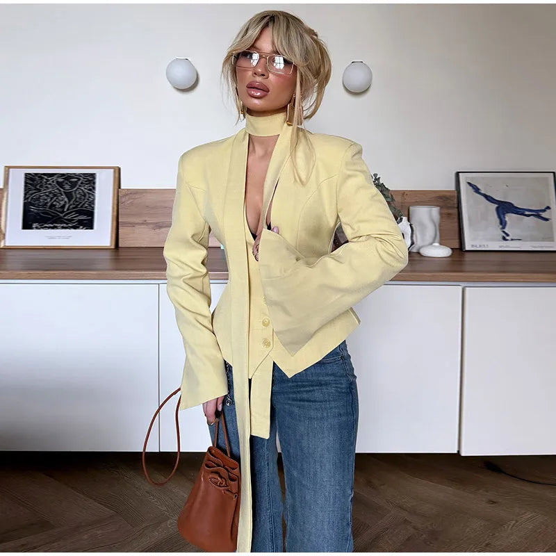 LIZAKOSHT  -  Elegant Ribbon Single Breasted Coat Women Fashion Solid V-neck Long Sleeve Pocket Jackets Female Autumn Chic Casual Streetwear