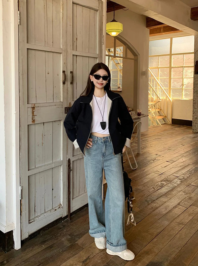 LIZAKOSHT  -  Reversible Jacket Women Spring Fall Simple Vintage Striped Baseball Zipper Chic Golf Outwear Harajuku Classic Commute Tops