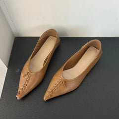 LIZAKOSHT  -  Elegant Soft Leather Flat Heel Shoes Spring New Arrival Solid Color Pointed Toe Low Heel Flat Foot Women's Sandals Single