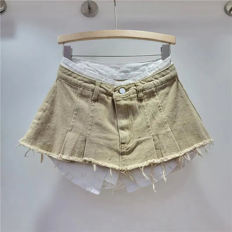 LIZAKOSHT  -  Trendy Women Denim Mini Skirt High Waist Fake Two Piece A Line Irregular Hem Autumn Fashion Skirt