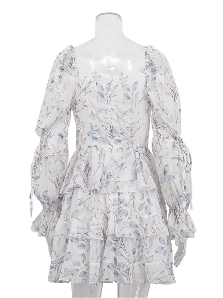 LIZAKOSHT  -  Ruffled Printed Lace-Up Mini Dress Female Square Collar Patchwork Elegant Contrast Party Dress Clothes Women Bodycon Dress