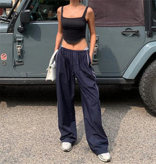 LIZAKOSHT  -  Women's casual pants solid color low waisted elastic wide leg pants Y2K drawstring workwear pants