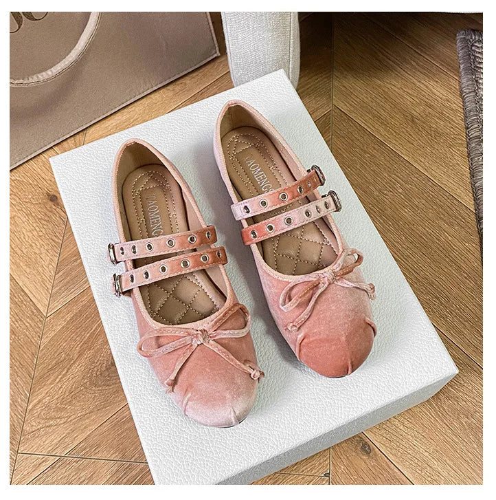 LIZAKOSHT  -  round toe pink velvet flats shoes for woman double band bowtie ballerina shoes rivets button mocasines lolita big shoes size 43