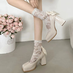 LIZAKOSHT  French block heel heels women's new autumn winter white vintage mary jane shoes  pumps women shoes