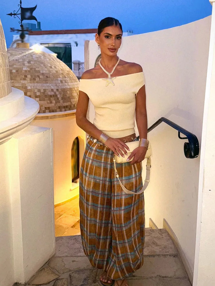 LIZAKOSHT  -  Women Autumn New Ramie Bloomers Plaid Printed Loose Pants Female Fashion Versatile Drawstring Streetwear Casual Trousers