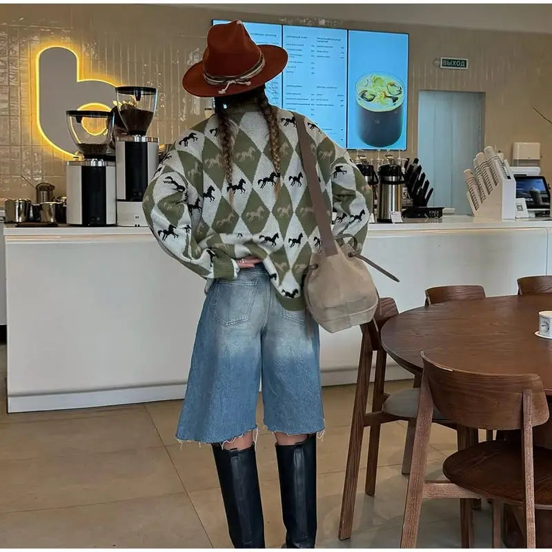 LIZAKOSHT  -  Knitted Printed Sweater Women Full Sleeve O-neck Contrast Color Patchwork Pullover Sweater Lady Autumn Casual Knittwear top