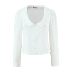 LIZAKOSHT  -  Sweet Spring White Peter Pan Collar Long Puff Sleeve Shirt Women Single-breasted Buttons Slim Waist Short Blouse Tops CHIC