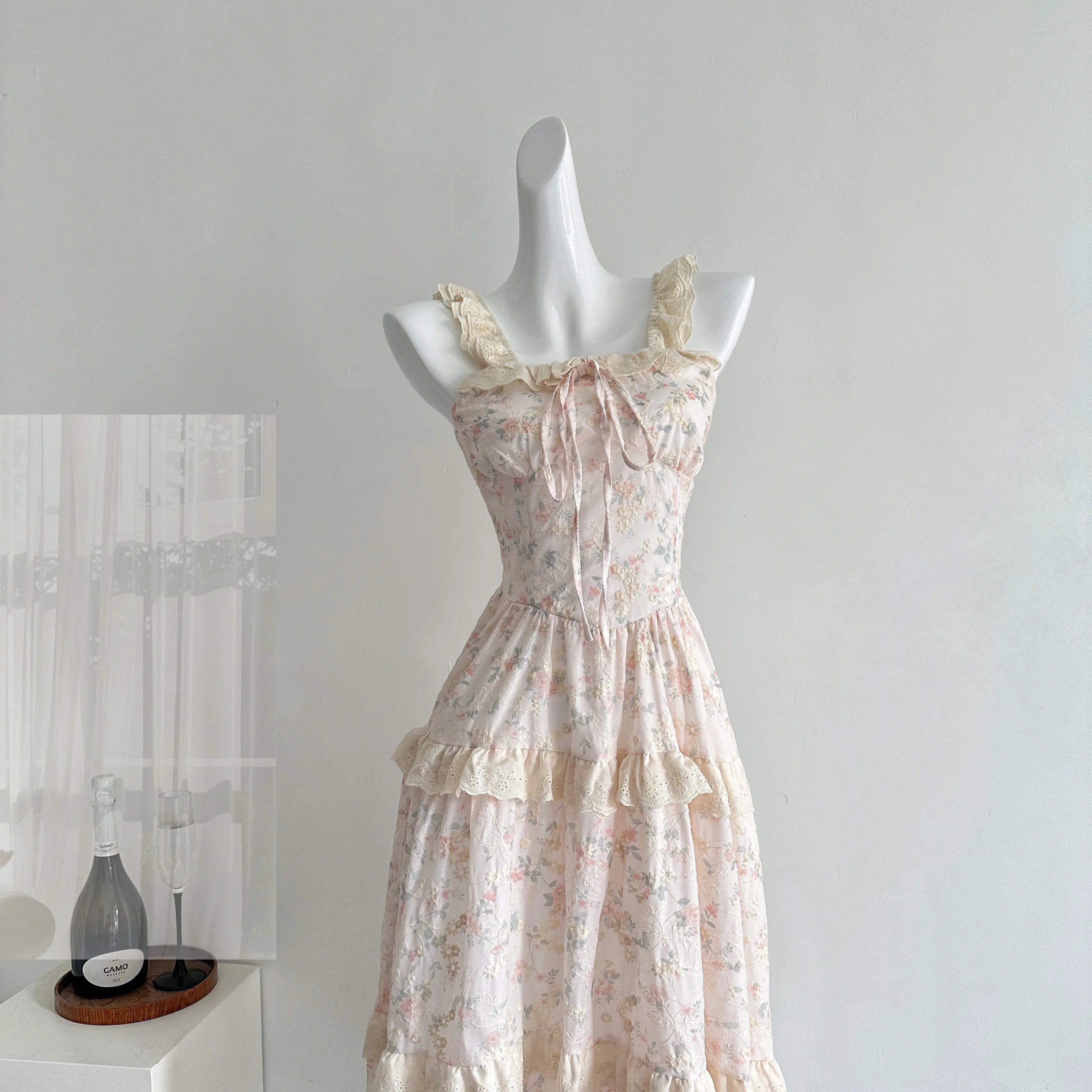 LIZAKOSHT  -  Summer French Elegant Mori Girl Style Long Dress Women Flying Sleeve Lace-Up Print Slim Dress Sweet Cute Casual Clothing