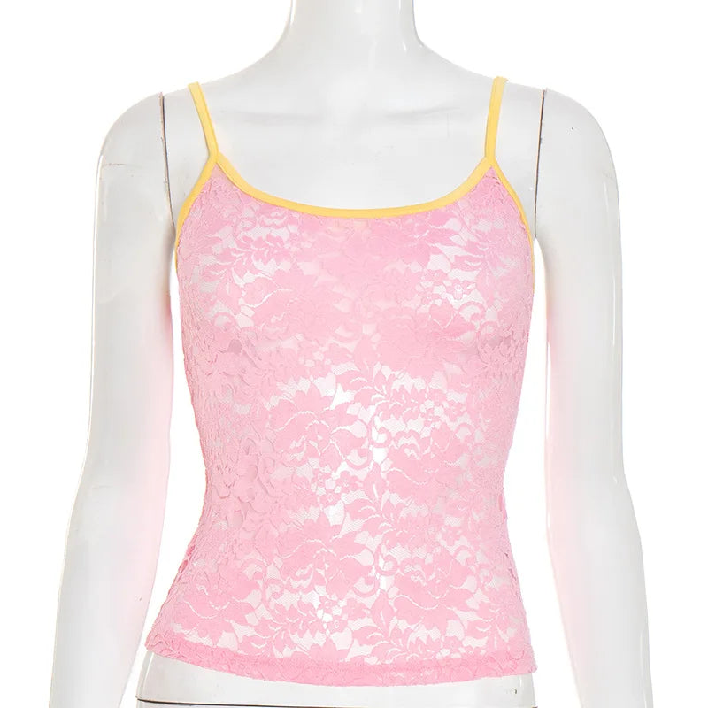 LIZAKOSHT  -  Woman Clothing Y2K Lace Camisoles Streetwear Girls Sexy See-through Corset Top Night Club Outfit Patchwork Pink Crop Top