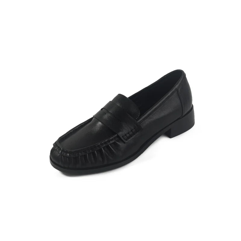 LIZAKOSHT  -  Genuine Leather Shoes Ruched Loafers Women Round Toe Slip On Low Heel Women Daily Office Vintage Shoes