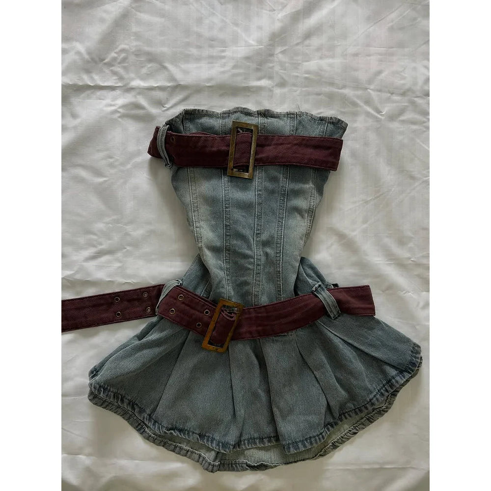 LIZAKOSHT  -  2000s Vintage French Style Slim Fit Dress Women Blue Elegant Denim Strapless Dresses New Summer Y2k Off Shoulder Casual Clothing