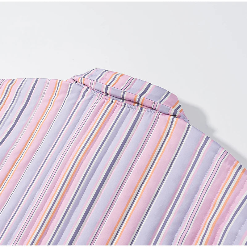 LIZAKOSHT  -  Chic Colorful Striped Lapel Collar Jacket Women Full Sleeve Zipper Patch Pockets Coat 2025 Autumn Female Chic Casual Outerwear